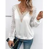 Women's Blouses V-Neck Lace Spliced Long Sleeve Perspective Blouse Vintage Elegant Women Hollow Autumn Shirt Casual White Tshirt Loose Top