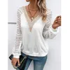 Damesblouses V-hals Kant Gesplitst Lange mouw Perspectiefblouse Vintage Elegante Dames Hol Herfstoverhemd Informeel Wit T-shirt Losse top