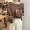 Kvinnors tröjor Brown Chain Link Knit Tröja Autumn Fashion Thin Pullover Overdimensionerad Loose Bell Sleeve Boat Neck Jumper Top