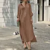 Vestidos casuais 2023 verão mulheres algodão linho camisa gola única fileira botão vestido sólido protetor solar robe natural