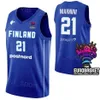 Print Finland Basketball Jersey 2023 World Cup 19 Elias Valtonen 1 Miro Little 20 Madsen 34 JACOB GRANDISON 35 Ilari Seppala 13 OLIVIER NKAMHOUA Blue White Color