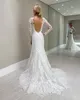 Preciosos vestidos de novia de sirena sin espalda, vestido de novia de encaje de manga larga, cuello de barco transparente, tren de barrido, bata Bohemia de Mariee