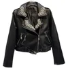 Women's Leather Fall Zipper Coat For Women 2023 Pearl Beaded Turn Collar Washed Pu Motorcycle Jacket Street