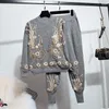 Women's Two Piece Pants Red Black Gray Casual Knitted Tracksuit Women Outfits Autumn Fashion Beading Embroidery Pullover Sweater Pencil Set