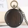 Pocket Watches Classic Ebony Wood Case Men Women Quartz Watch Brown Marble Surface Dial Alloy Pendant Chain Gifts