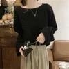 Kvinnors tröjor Brown Chain Link Knit Tröja Autumn Fashion Thin Pullover Overdimensionerad Loose Bell Sleeve Boat Neck Jumper Top