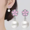 Boucles d'oreilles pendantes en perles de 10mm pour femmes et filles, fleur de cerisier rose, cristal de zircone cubique, à la mode, bijoux cadeaux de fête de mariage