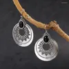 Dangle Earrings Retro Fashion Inlaid Black Stone Ancient Silver Plated Women's Bohemian Carved Pattern Cocktail Party Jewelry