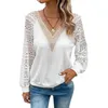 Women's Blouses V-Neck Lace Spliced Long Sleeve Perspective Blouse Vintage Elegant Women Hollow Autumn Shirt Casual White Tshirt Loose Top