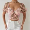 Women's T Shirts Neck Summer Backless Sexy Cropped Top Blouse Yimunancy Boho Bufferfly Embroidery Puff Women V