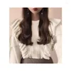 Kvinnors tröjor Spring Japanese bär söt mångsidig rufsad crewneck ballongärmar solid stickad topp England stil medium strecth