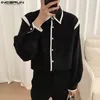 Männer Freizeithemden INCERUN Tops Koreanischer Stil Männer Schwarz Weiß Farbe Bluse Mode Gut sitzendes Spleißen Langarm Revers Knöpfe Hemden S-5XL 230901