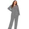 Mulheres sleepwear mulheres 2 pcs pijama terno com bolso preto listrado primavera outono lingerie íntima casual tamanho grande sleep set nightwear