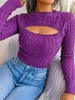 Women's Sweaters Womens Cutout Y2k Knit Sweater Pullover Long Sleeve Sexy Bodycon Cable Knitted Crewneck Slim Stretch Tops