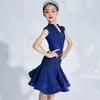 Stage Wear Filles Robe de concours de danse latine Royal Blue Lace Fishbone Costume professionnel Samba Cha Dancer VDB3419