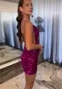 Elegant Short V-Neck Sequined Homecoming Dresses Sheath Fuchsia Above Knee Length Spagehtti Straps Criss-cross Back Prom Party Gow for Women