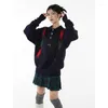 Suéter feminino preto suéter botão vintage gola polo tricô cardigã manga comprida casual coreano baggy senhoras tops inverno