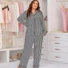 Women's Sleepwear Women 2pcs Pajamas Suit With Pocket Black Striped Spring Autumn Intimate Lingerie Casual Big Size Sleep Set Nightwear