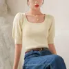 Women's Sweaters French Style Square Collar Puff Sleeve Knitted Top For Women Summer Retro Short Ice Silk T-shirt Trendy