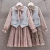 Clothing Sets Autumn Girls Clothes Suit 6 8 10 12 14 Years Kids Tracksuit Gril Set Floral Dress Denim Vest Children 2Pcs