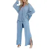 Calças femininas de duas peças Mulheres S 2 peças Casual Tracksuit Set Button-Down Camisa de manga comprida com cintura alta plissada - Perfeito para praia