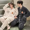 Mulheres sleepwear inverno mulheres homens casal pijama conjunto kawaii urso impressão pijama mujer macio quente engrossar amantes cardigan pijama solto casa