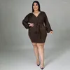 Plus Size Jurken Mode Vrouwen Jurk Lange Mouw V-hals Effen Kleur Losse Westerse Stijl Trui Geplooide Dames Voor De Herfst