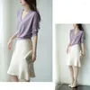 Pulls pour femmes Summer Mage Doux Vent Violet Pull tricoté Élégant Col en V Perle Bouton Demi Manches Haut Lâche Casual Dames Pull