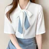 Women's Blouses White Short Sleeved Fashion Casual Korean Version Contrasting Ribbon Bow Top Summer Professional Shirts