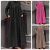 Ethnic Clothing Dubai Arab Spring And Autumn Muslim Fashion Loose Style Commuter Cardigan Standing Collar Long Solid Cotton Linen Dress