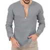 T-shirts pour hommes T-shirt européen et américain printemps / été décontracté coton tropical lin col en V profond couleur unie grande chemise à manches longues