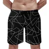 Men's Shorts Abstract Geometry Gym Summer White Line Print Sports Fitness Beach Short Pants Men Classic Design Oversize Swim Trunks