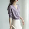 Pulls pour femmes Summer Mage Doux Vent Violet Pull tricoté Élégant Col en V Perle Bouton Demi Manches Haut Lâche Casual Dames Pull