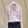 Blusas de mujer de algodón con bordado de flores, camisas para mujer, moda de otoño 2023, blusas lisas de manga larga con cuello vuelto, blusas de oficina para mujer blancas