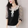 Blusas femininas comute vintage impresso camisa casual 3/4 manga roupas femininas elegante com decote em v primavera verão emendado elegante arco pérola