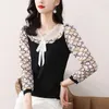 Blusas femininas comute vintage impresso camisa casual 3/4 manga roupas femininas elegante com decote em v primavera verão emendado elegante arco pérola