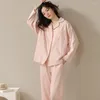 Kvinnors sömnkläder Autumn Winter Cotton Linen Shirt Pyjamas Set Japanese Leisure Simple Sleepwer Long Sleeve Plus Loose Home Suit