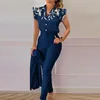 レディースツーピースパンツペタルスリーブファッション女性サマー2pcs衣装プリントスタンドカラーペンシルベルトレディースマッチセットストリートウェアドロップ