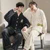 Women's Sleepwear Couple Pajamas Set Women Men Winter Button Cardigan Lovers Nightgown Coral Fleece Thicken Kawaii Homewear