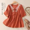 Bluzki damskie Chińskie koszulki haftowe Summer 2023 Solid V-Neck Ladies Odzież Losy bawełniany lniany topy ycmyunyan