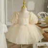 Vestidos de menina amarelo tule flores inchadas meninas arco pérolas lantejoulas mangas curtas vestidos de baile o pescoço festa de aniversário de casamento vestido de baile