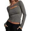 Women's T Shirts Long Sleeve Tops For Women Backless Crop Top Boat Neck Solid Color Open Back Fitted Shirt Y2k Sexy Tie Up