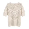 Pulls pour femmes Ayualin Beige Crochet Fleur Creux Femmes Vintage O Cou À Manches Courtes Pulls Tricotés Pulls Automne Printemps Pull