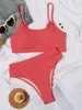 Women's Swimwear Sexy Solid Yellow Bikini 2023 Mujer High Cut Pleate Swimsuit Separate Beach Bathing Suit Waist Biquini