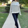 Women's Sweaters Striped 1/4 Zipper Sweater 2023 Long Sleeve Ribbed Knit Loose Oversized Chunky Sexy Tops For Women Split Neck Top