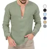 T-shirts pour hommes T-shirt européen et américain printemps / été décontracté coton tropical lin col en V profond couleur unie grande chemise à manches longues