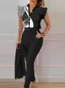 レディースツーピースパンツペタルスリーブファッション女性サマー2pcs衣装プリントスタンドカラーペンシルベルトレディースマッチセットストリートウェアドロップ