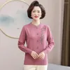 Suéteres femininos 2023 camisola fina da mãe moda meia-idade e idosos de manga comprida bordado em torno do pescoço cor sólida de malha