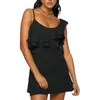 Casual Kleider Frauen Ärmelloses Kleid Asymmetrische Rüschen Trim Sommer Solid Black Chic Sexy Mini Party Für Cocktail Strand Streetwear