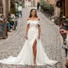 Abiti da sposa eleganti lunghi in crêpe con spalle scoperte con strascico staccabile Sirena Corsetto avorio Indietro Abiti da sposa Abendkleider Abiti da sposa con pieghe per le donne